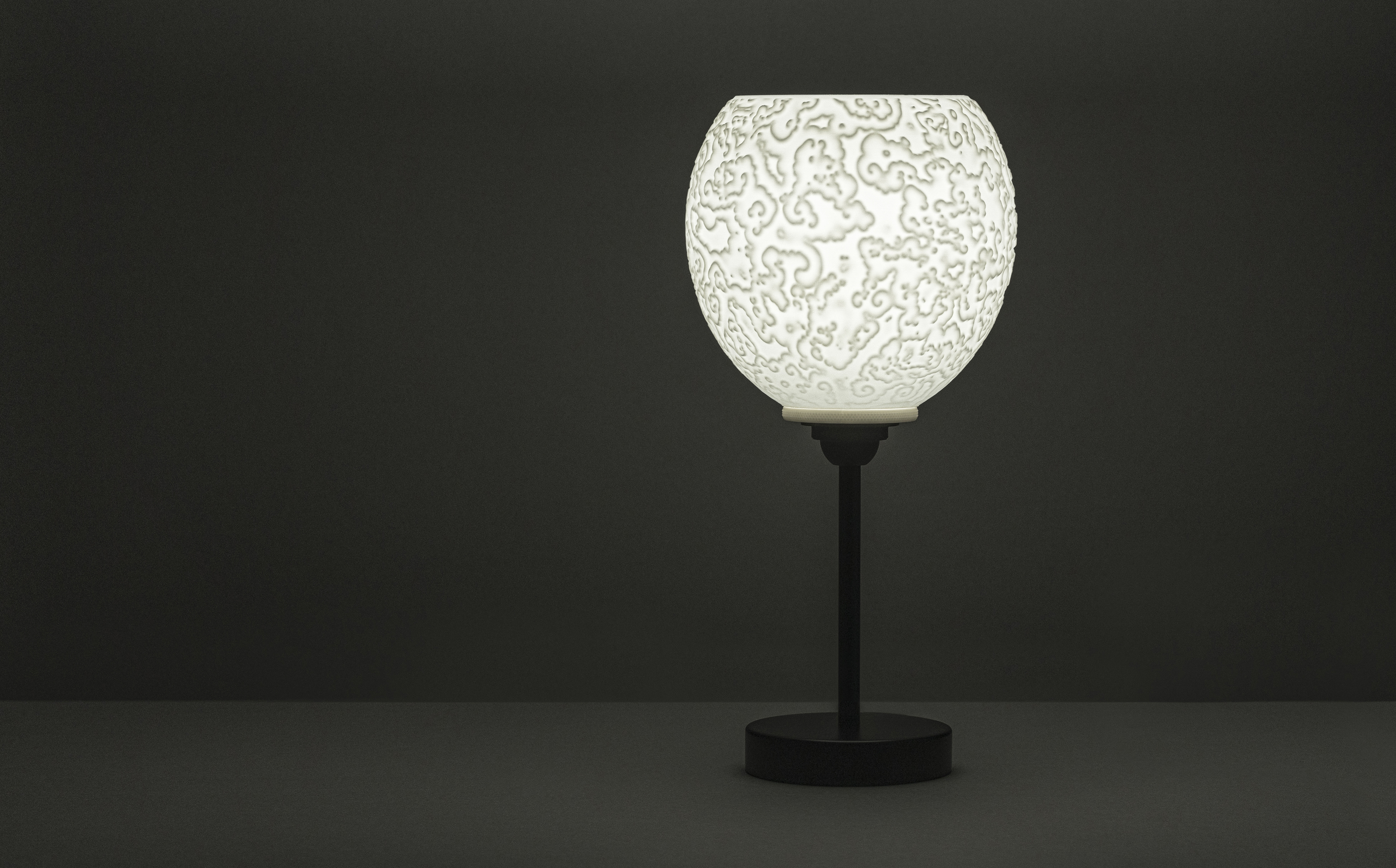 Decorative suggestion for Alluvial Crush: Pendant lampshade with captivating glyph pattern. Science and art fusion, perfect as a conversation starter - variant Original (Elegant white), an original product by Cosmic Jubilee (3 of 6) - presented as desktop, table, or freestanding light, switched on.