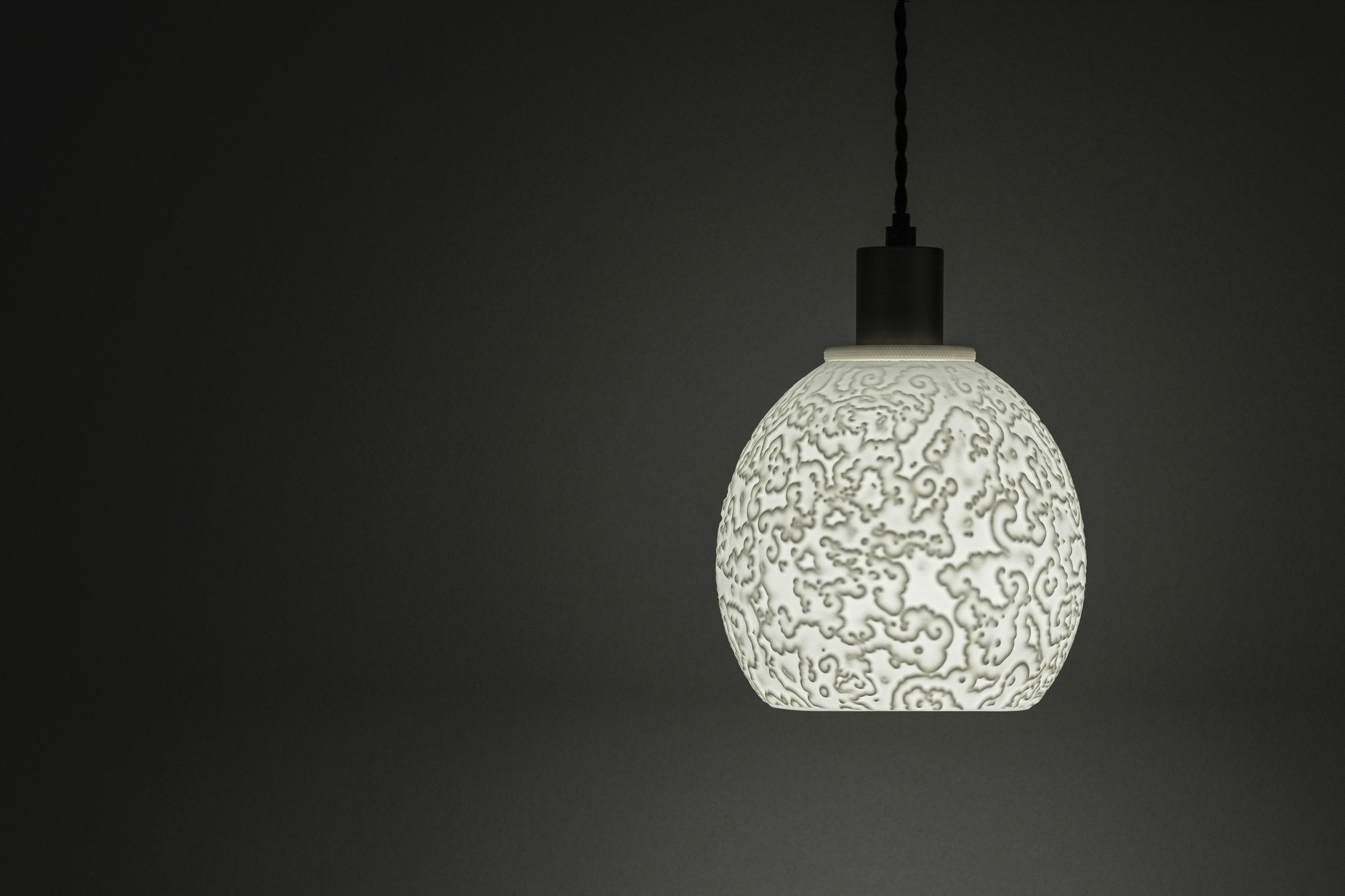Decorative suggestion for Alluvial Crush: Pendant lampshade with captivating glyph pattern. Science and art fusion, perfect as a conversation starter - variant Original (Elegant white), an original product by Cosmic Jubilee (1 of 6) - presented as pendant light, hanging from ceiling, switched on.