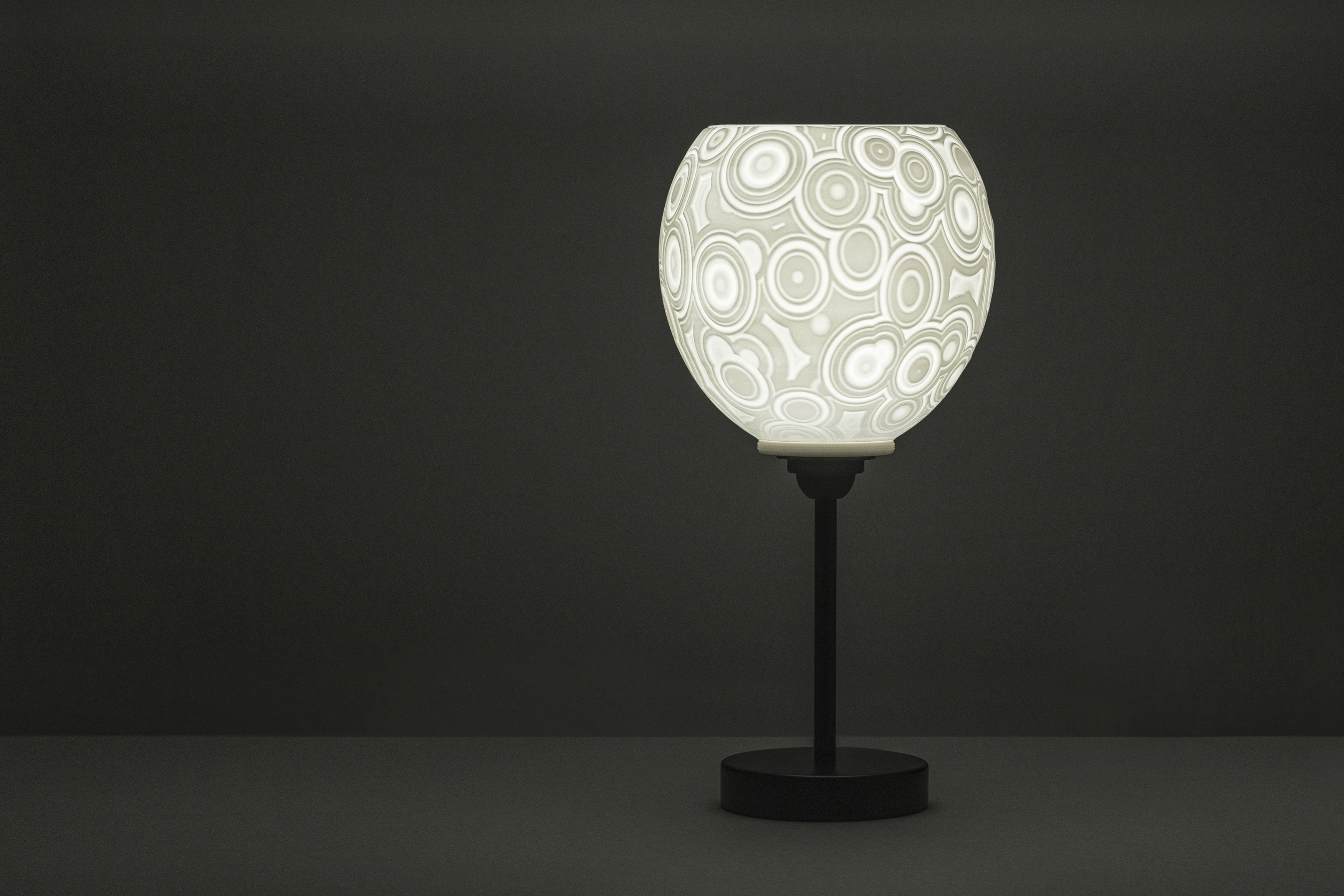 Decorative suggestion for Celestial Odyssey: Pendant lampshade with cosmic design. Perfect for stargazers and dreamers - variant Original (Elegant white), an original product by Cosmic Jubilee (3 of 6) - presented as desktop, table, or freestanding light, switched on.