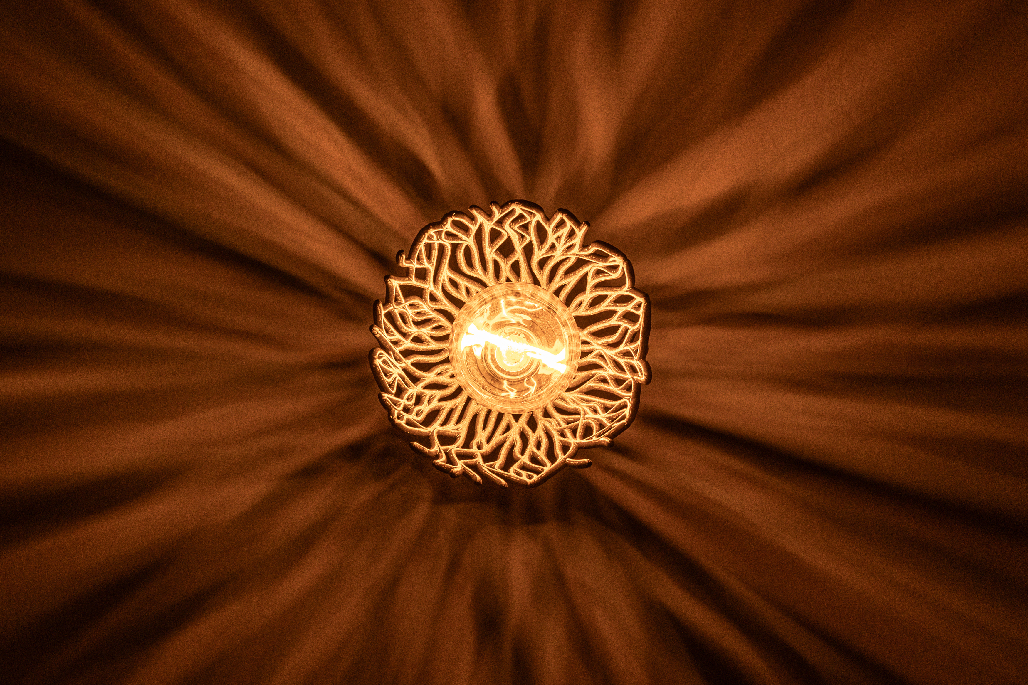 Decorative suggestion for Empyreal Bloom: Pendant lampshade with organic growth design. Mesmerizing shadow play for subtle elegance and ambiance - variant Original (Black with a hint of sparkle), an original product by Cosmic Jubilee (1 of 8) - presented as view from underneath, looking up, switched on.