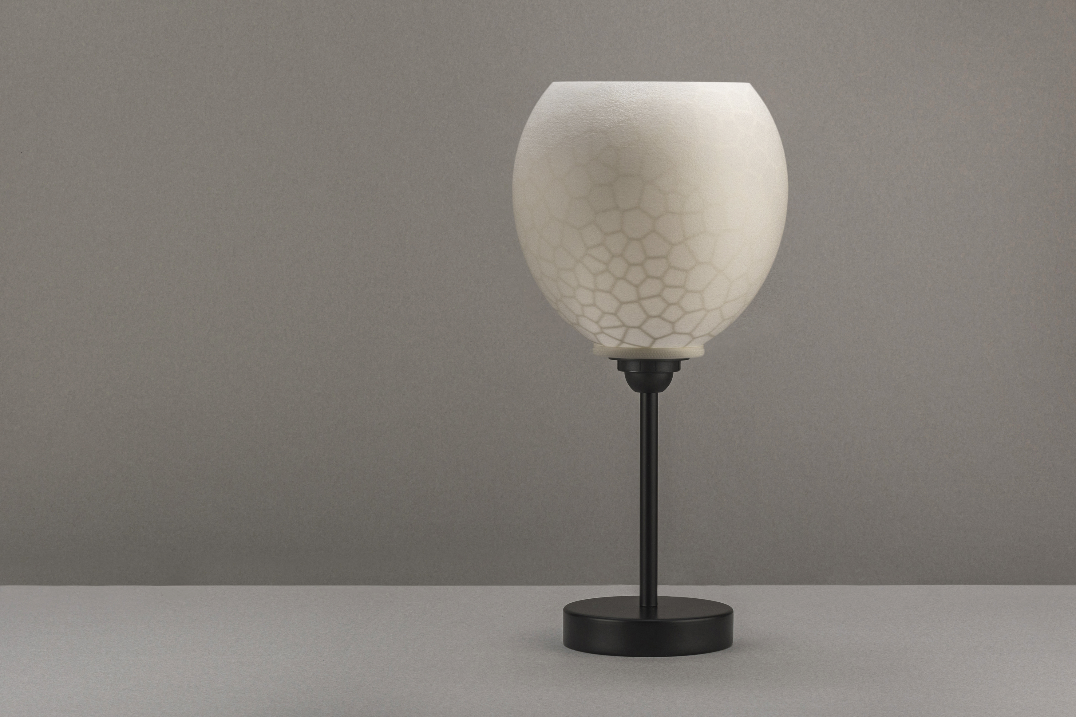 Decorative suggestion for Furtive Shroud: Pendant lampshade with a hidden organic pattern, revealed only when lit. Witness light transform the ordinary to exceptional - variant Original (Elegant white), an original product by Cosmic Jubilee (4 of 7) - presented as desktop, table, or freestanding light, switched off.