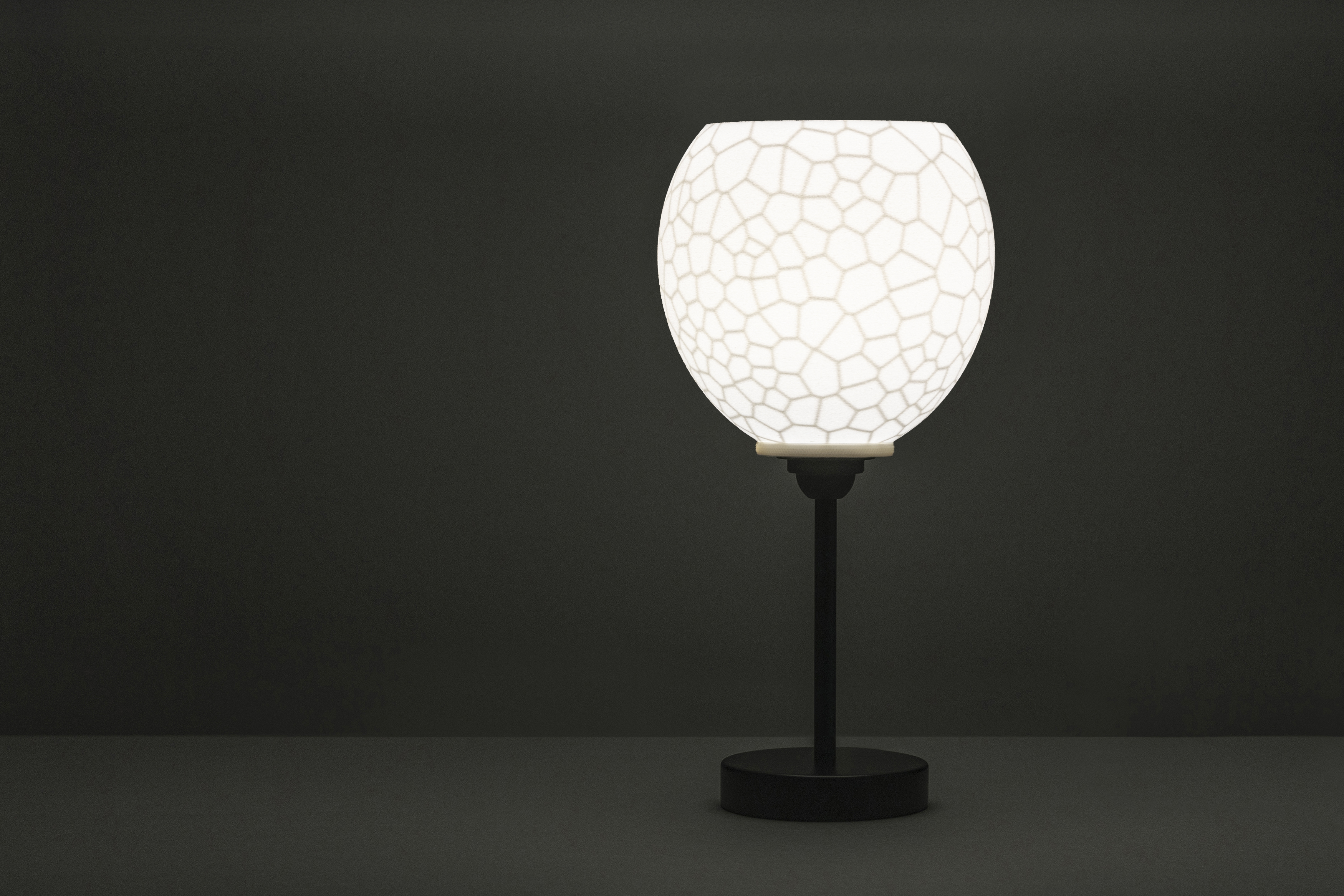 Decorative suggestion for Furtive Shroud: Pendant lampshade with a hidden organic pattern, revealed only when lit. Witness light transform the ordinary to exceptional - variant Original (Elegant white), an original product by Cosmic Jubilee (3 of 7) - presented as desktop, table, or freestanding light, switched on.