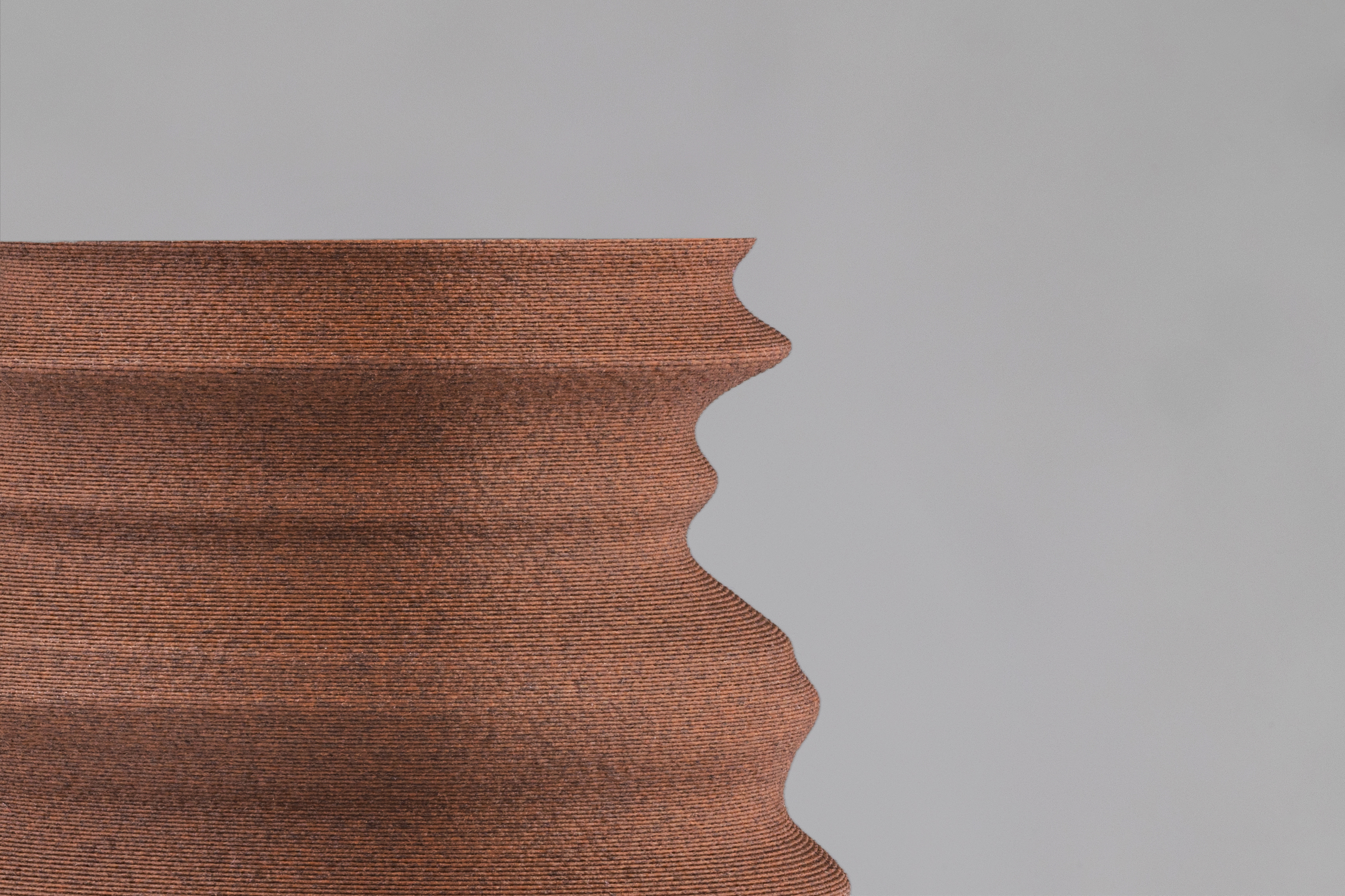 Decorative suggestion for Igneous Brim: Decorative (non-water) vase inspired by geological wonders. Textured design cradling dry flowers or standing alone as a decorative element - variant Stone Red (Stony red color and rough texture), an original product by Cosmic Jubilee (2 of 2) - presented as close-up details of fine textures.